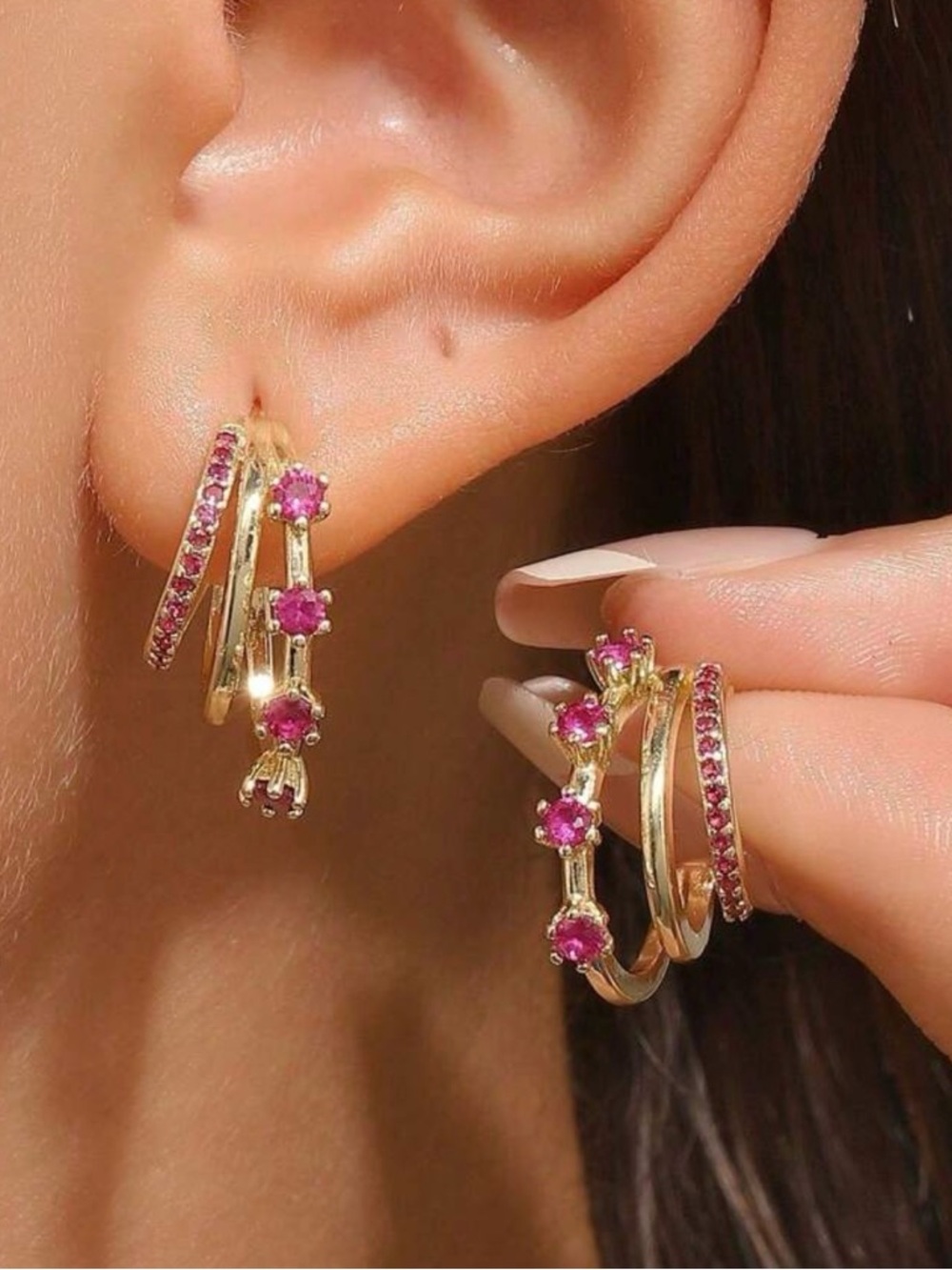 Triple Earring Pink & Gold Tone Y2K New Barbie Barbiecore Bollywood
